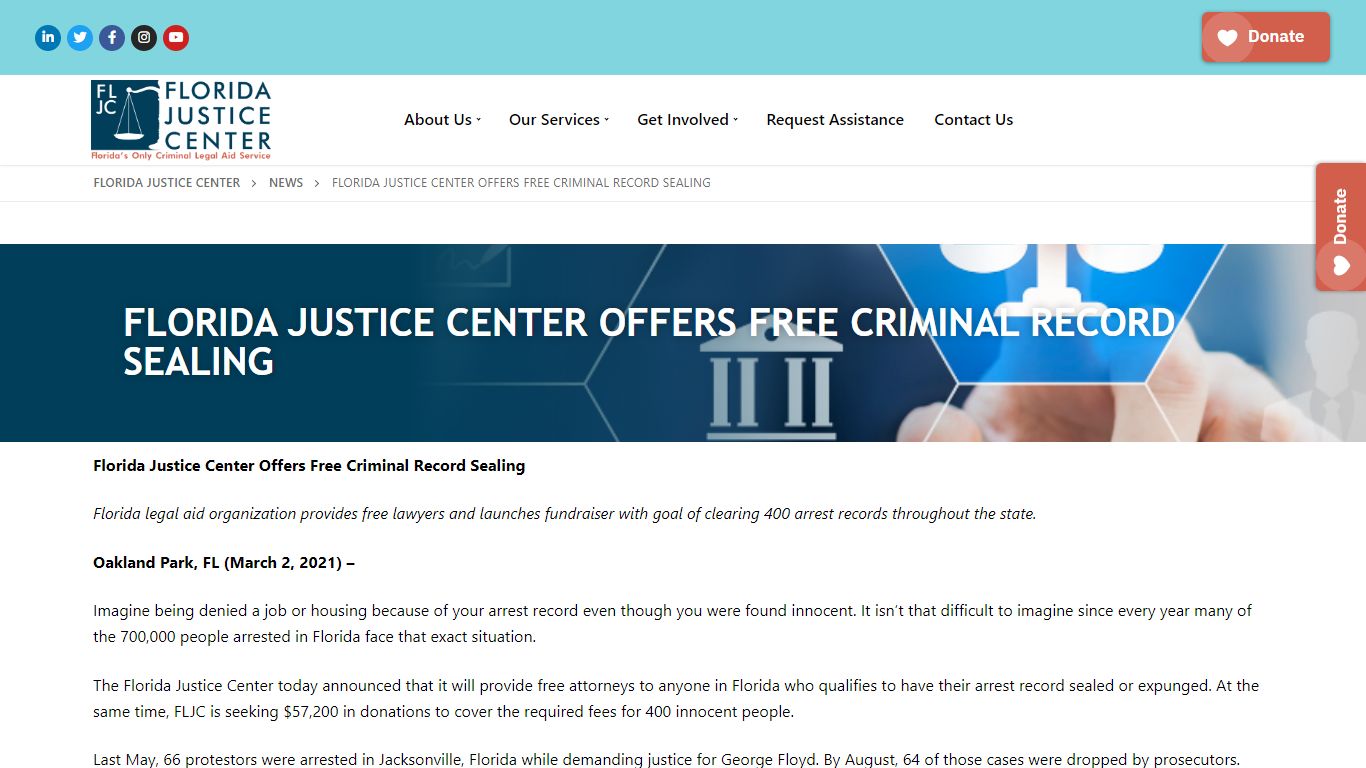 FLORIDA JUSTICE CENTER OFFERS FREE CRIMINAL RECORD SEALING
